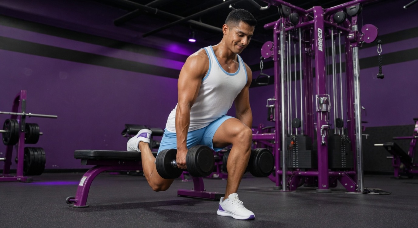 Latino athlete in white and baby blue gear doing Bulgarian split squats